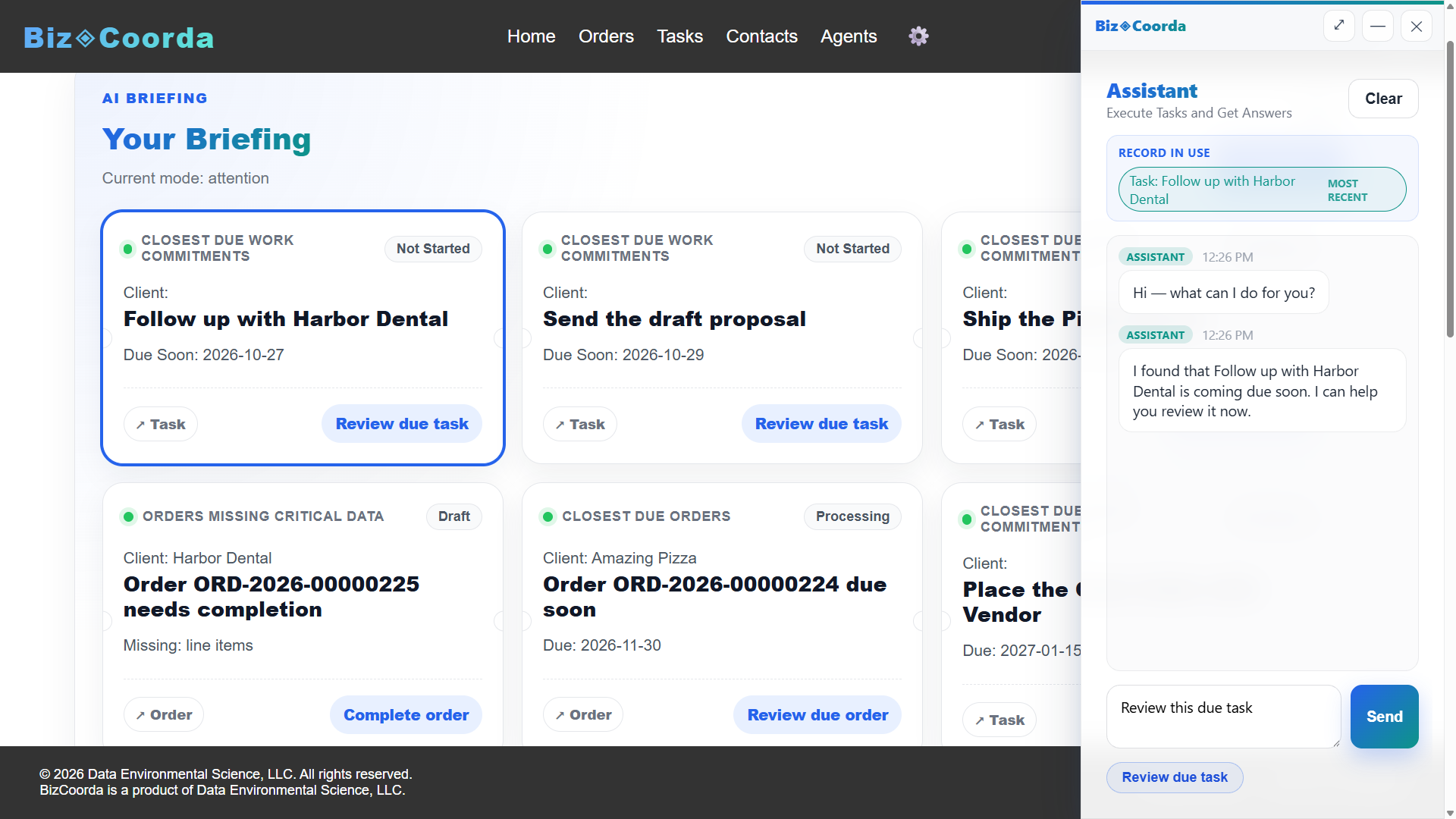 BizCoorda business operations showing a created order generated by the assistant.
